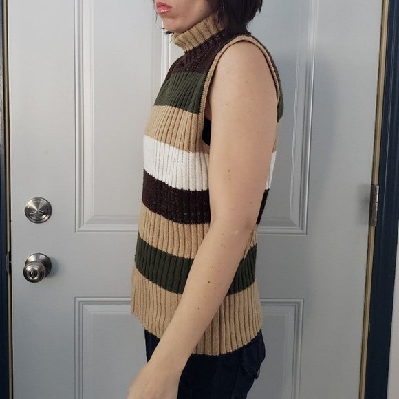 Y2K Brown and Green Striped Sleeveless Turtleneck Sweater - Picture 2 of 4